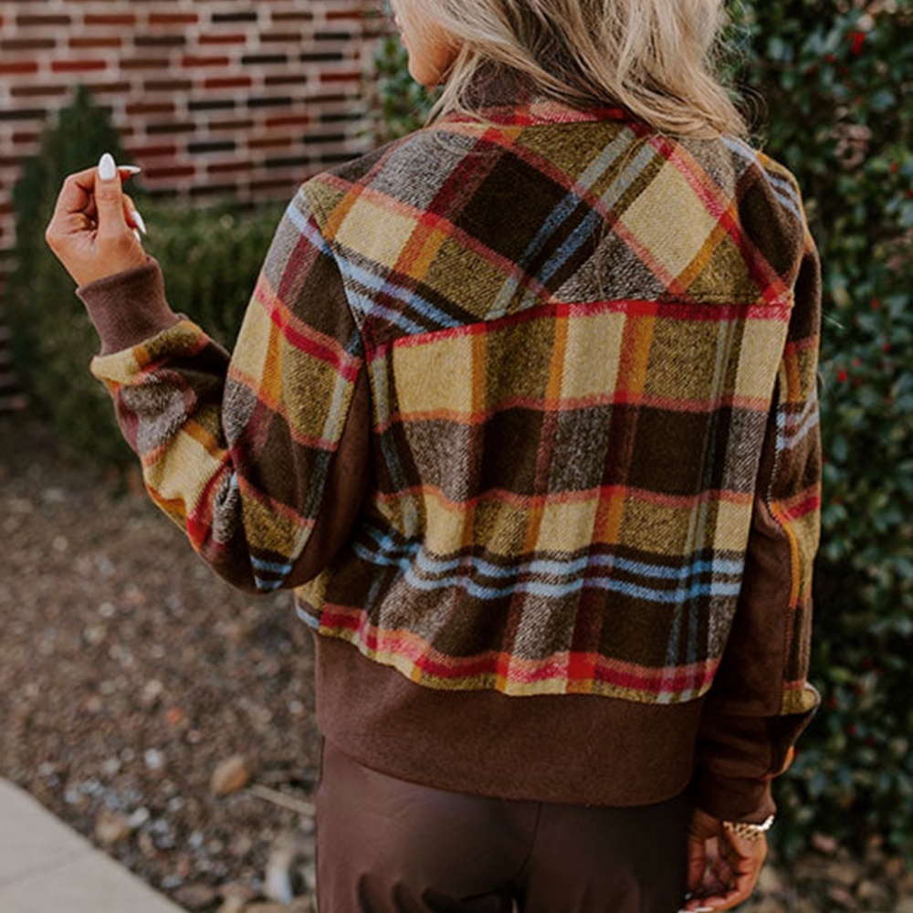 B151 Brown Plaid Print Chest Pockets Button Zipper Stand Neck Jacket - Picture 4 of 4